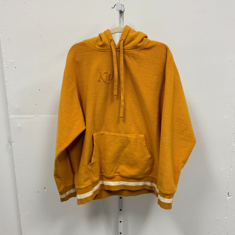 KITH Men's Terry Knit Striped Crew Neck Chunky Hoodie Mustard Yellow Large